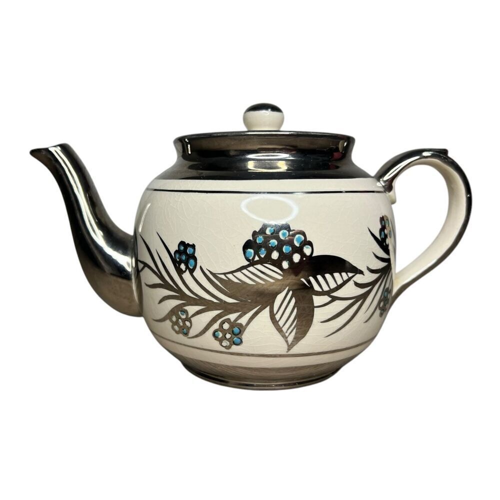 Vintage Price Bros. Ceramic Teapot Silver Blue‎ White Made in England
